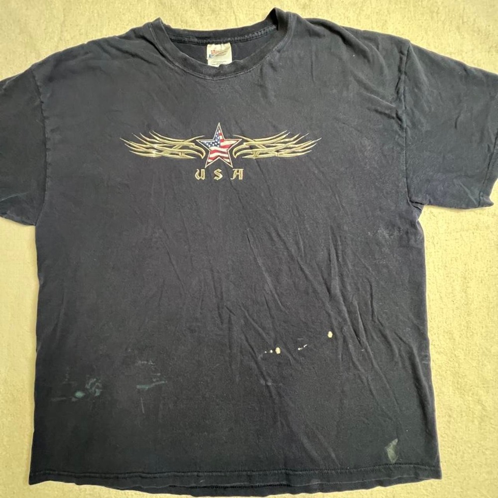 Vintage Hanes USA Graphic Tee Y2K Star Wings Navy Blue T-Shirt Mens 2XL